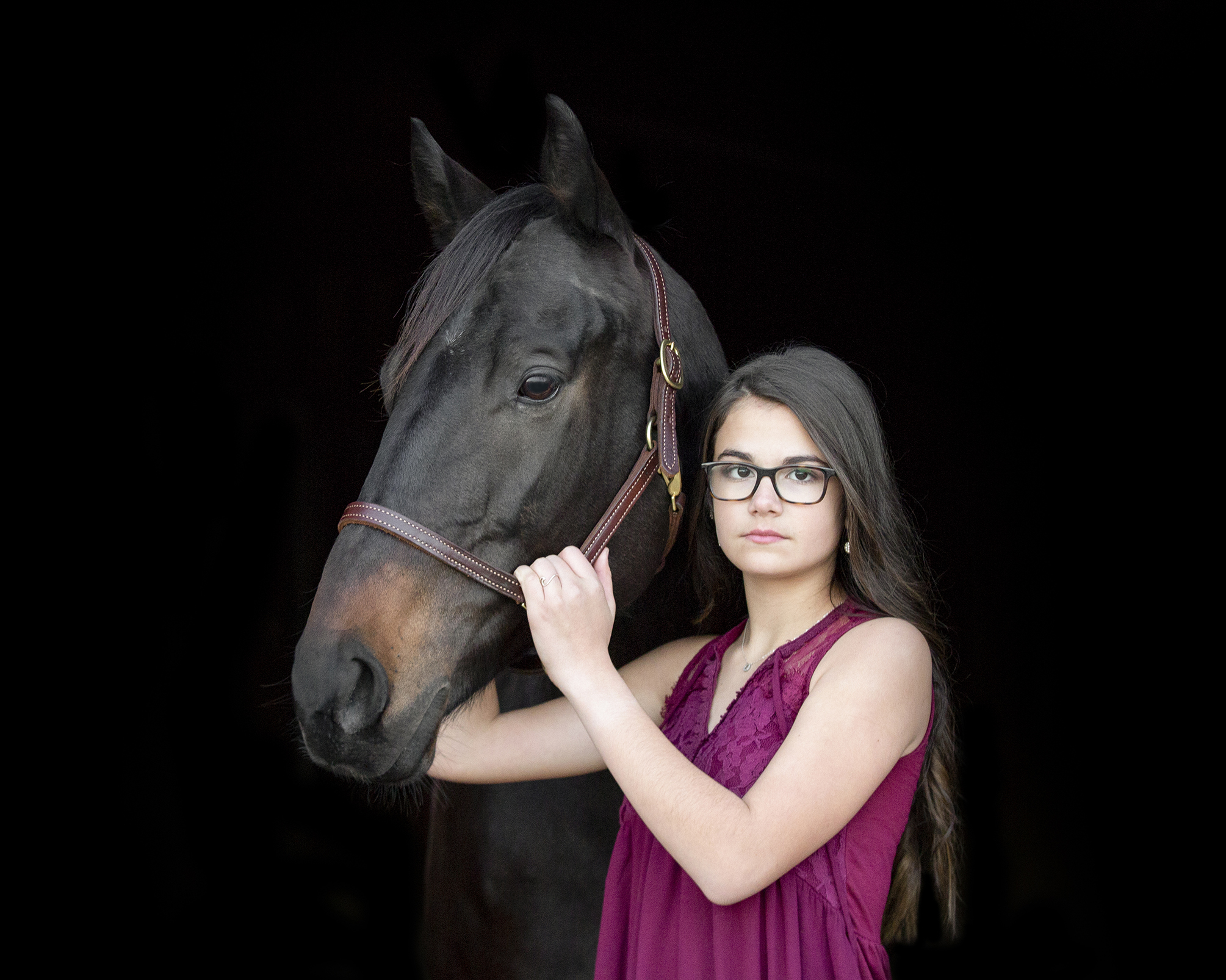 555 Photography | The Linkhorns | Equestrian Family Session | Williamston, NC cowgirl with brown horse black background